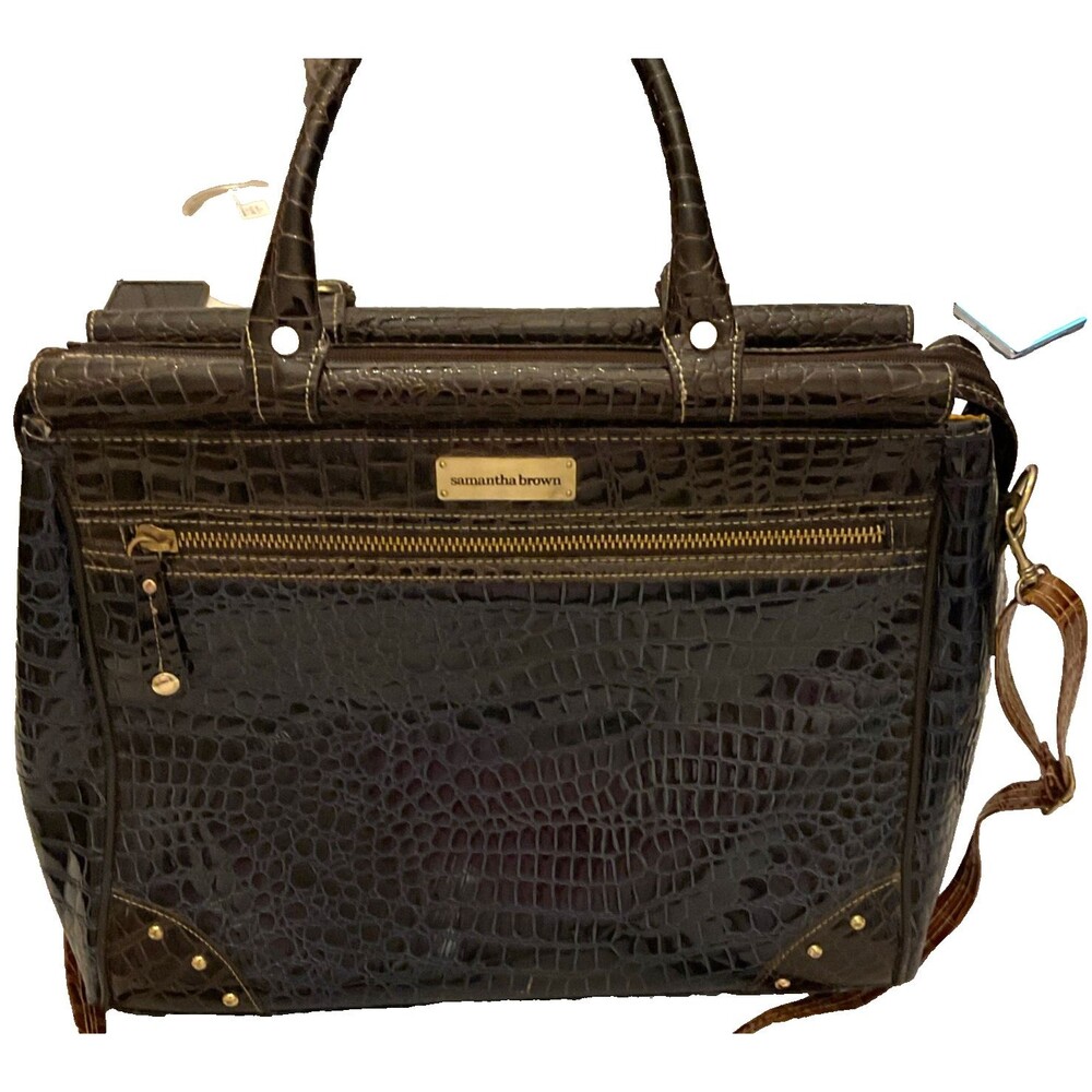Samantha Brown Croc Embossed Dowel Travel Bag Tote Weekender Black Brown